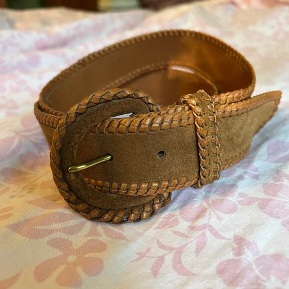 Vintage Lands End tan suede leather belt Western braided trim and buckle 90s Y2K - Picture 3 of 10